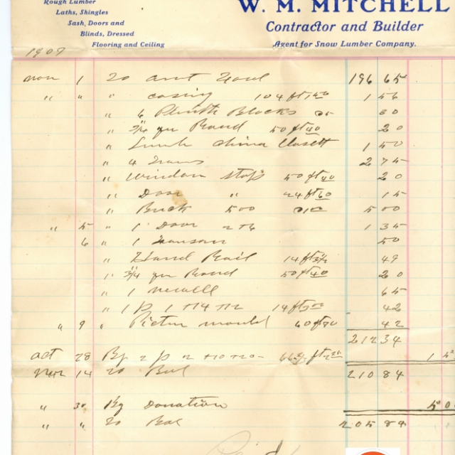Bill for materials and labor for Rev. J.K. Coit of Rock Hill. Courtesy of the White Family Collection – 2008