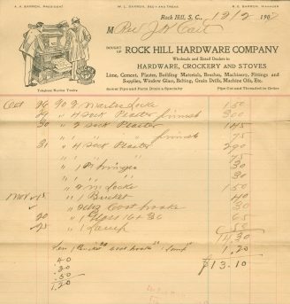 Rock Hill Hardware’s stationary in 1907. Courtesy of the White Family Collection – 2008