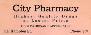 An ad for the City Pharmacy at 114 Hampton St., in 1925.