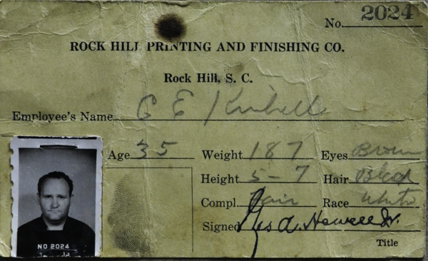 ID Card for C.E. Kimbrell of Rock Hill, S.C.
