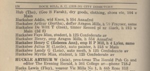 City Directory listing for the Huckabee Family in Rock Hill - 1925.