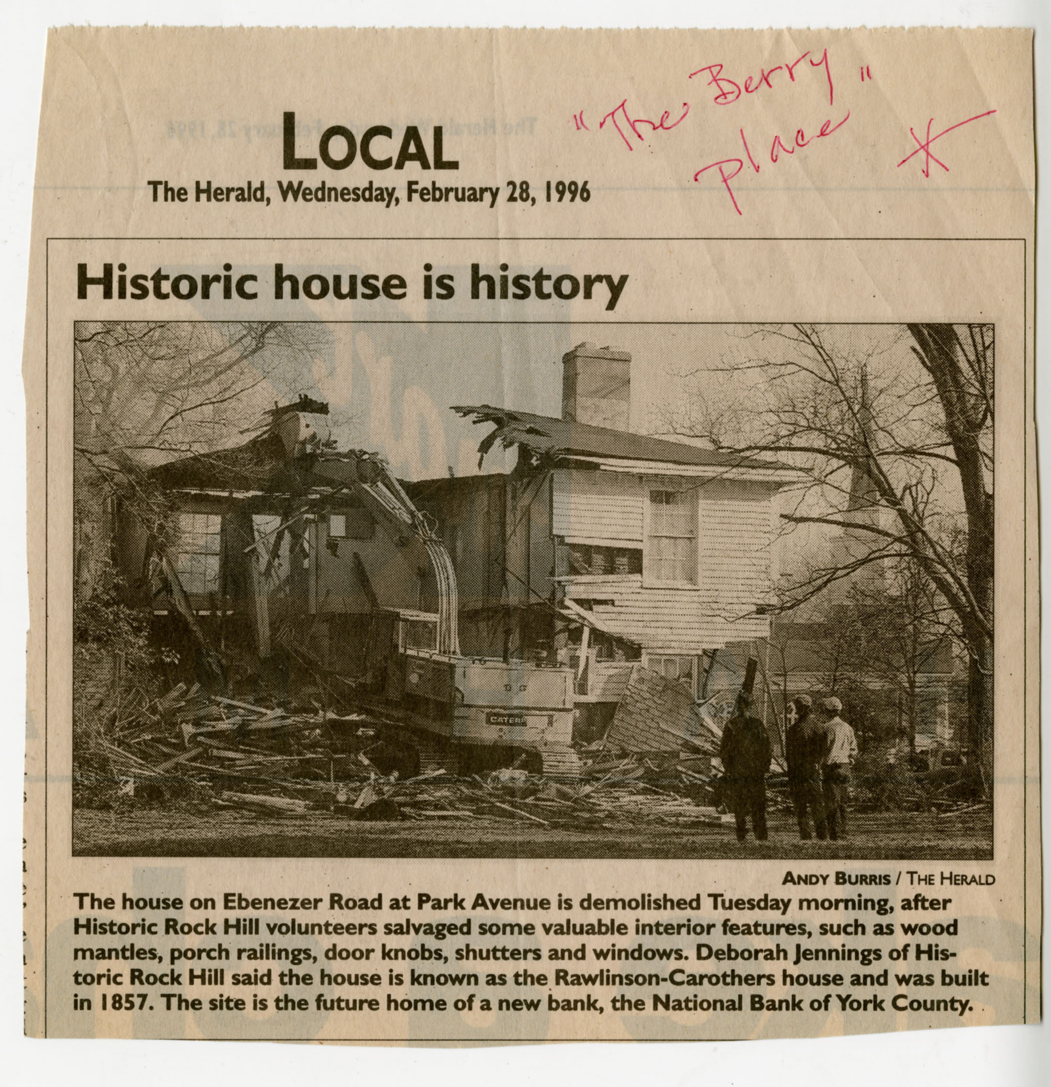 Demolition of the old Berry Place - Feb. 28, 1996