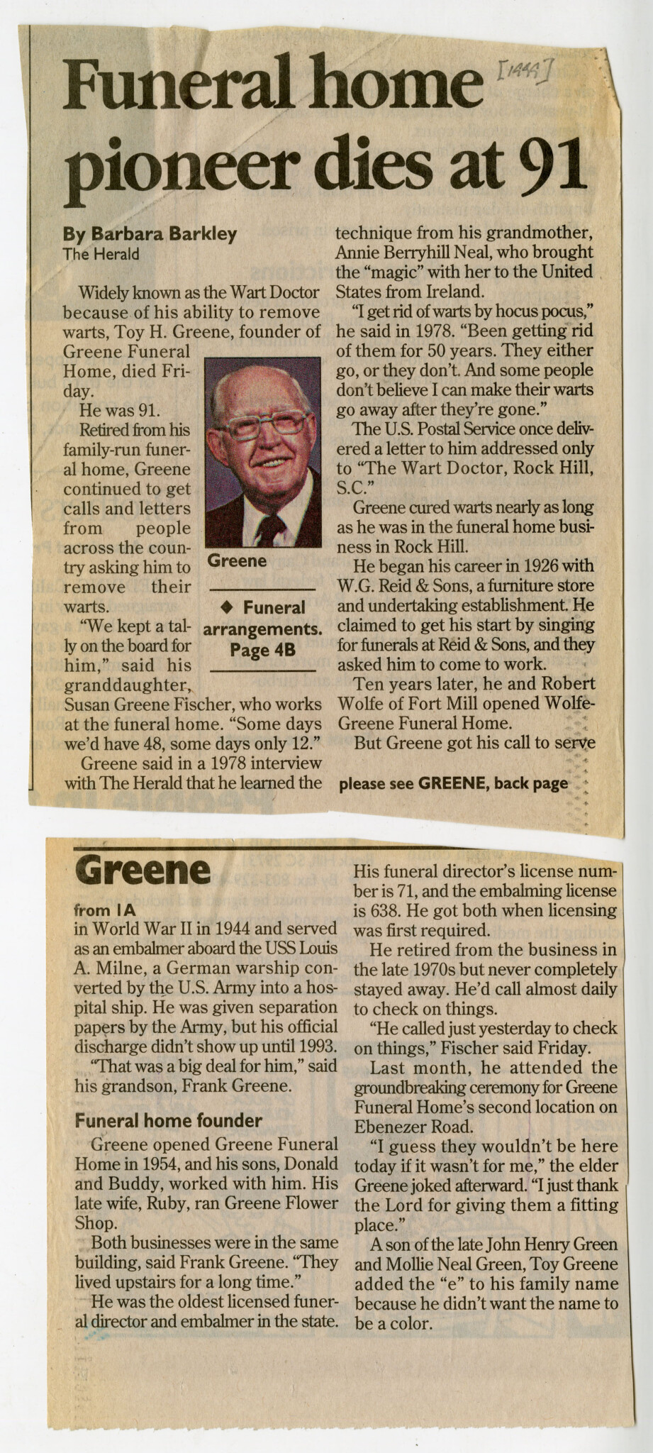 OBIT OF TOY H. GREENE - FOUNDER OF GREENE FUNERAL HOME