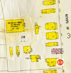 Mrs. Plair, a minister, was involved in building the United House of Prayer church at the top of the hill, above her home on West Main. Sanborn Insurance Map 1926 - 1959. Courtesy of the Galloway Map Collection