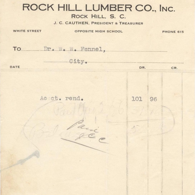 Bill from Rock Hill Lumber Co for Dr. Wallace Fennell