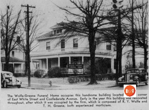 Wolfe – Greene Funeral Home on the corner of East Main and North Confederate prior to the addition of the front portico and chapel.