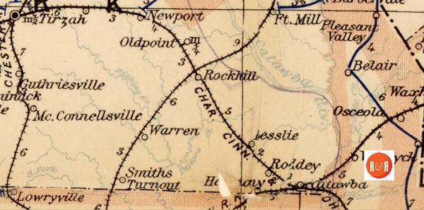 An 1896 postal map showing Rock Hill as the crossroads of two major railroad systems. Courtesy of the Un. of N.C.