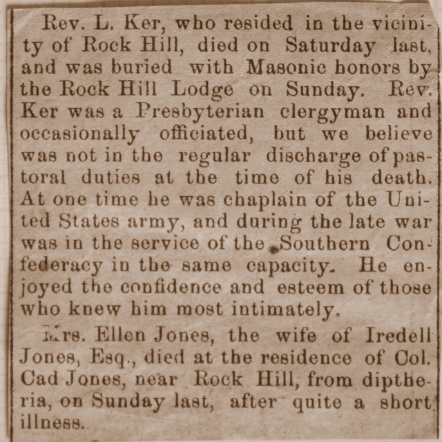 Death notice of Rev. Lee Ker / Kerr who resided here.
