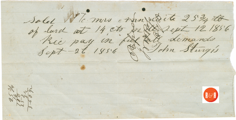 JOHN STURGIS - 1856 SELLS LARD TO A.H. WHITE