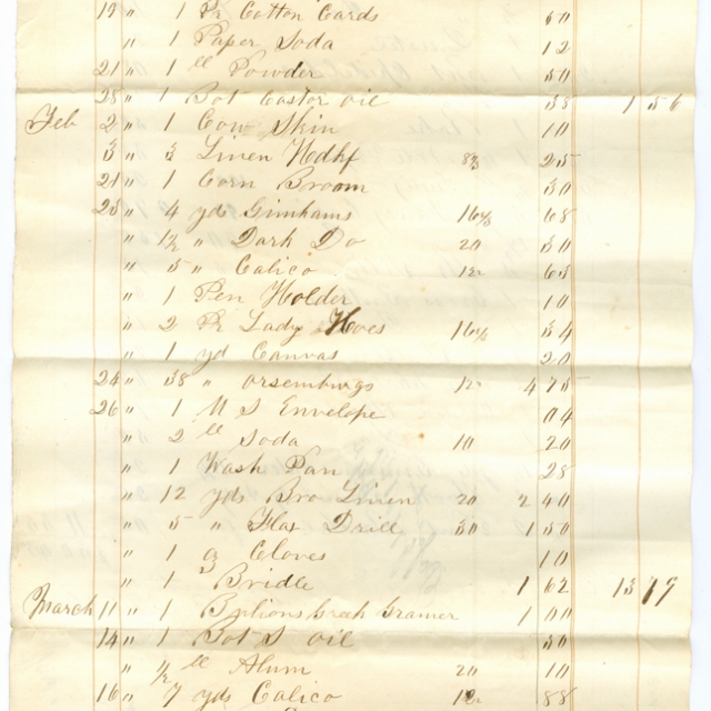 (Page 1) Long list of goods purchased by Ann H. White from the Broach Co., in 1857 – Courtesy of the White Family Collection – 2008