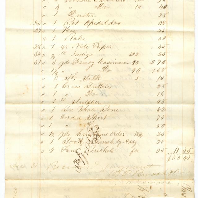 (Page 2) Long list of goods purchased by Ann H. White from the Broach Co., in 1857 – Courtesy of the White Family Collection – 2008