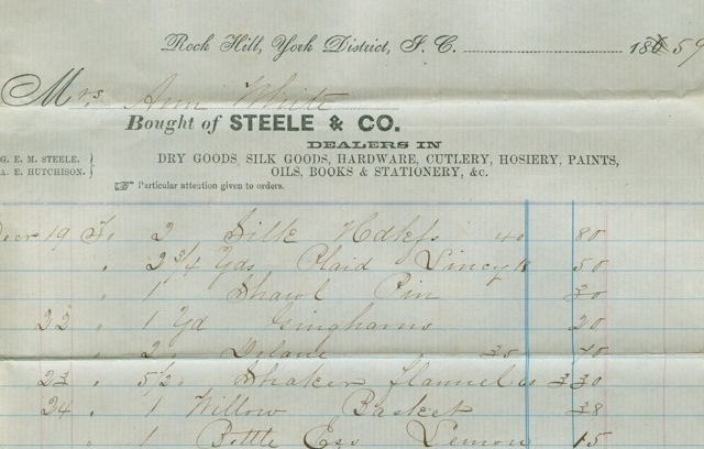Page 1 – Bill for good purchased at the Steele and Co., store by Ann H. White in 1859. Courtesy of the White Family Collection