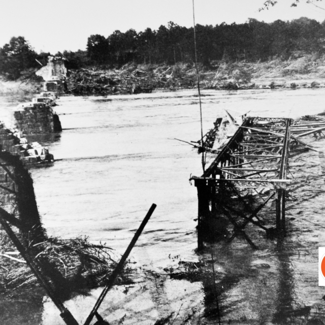 Southern Railroad bridge on the Catawba following the flood of 1916. Courtesy of the Pettus Collection and Martha Bishop.  – 2014