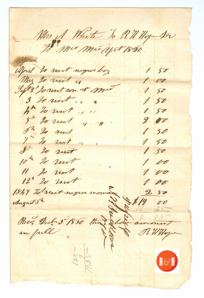 Receipt for services rendered by Dr. Hope in 1860. Courtesy of the White Family Collection – 2008