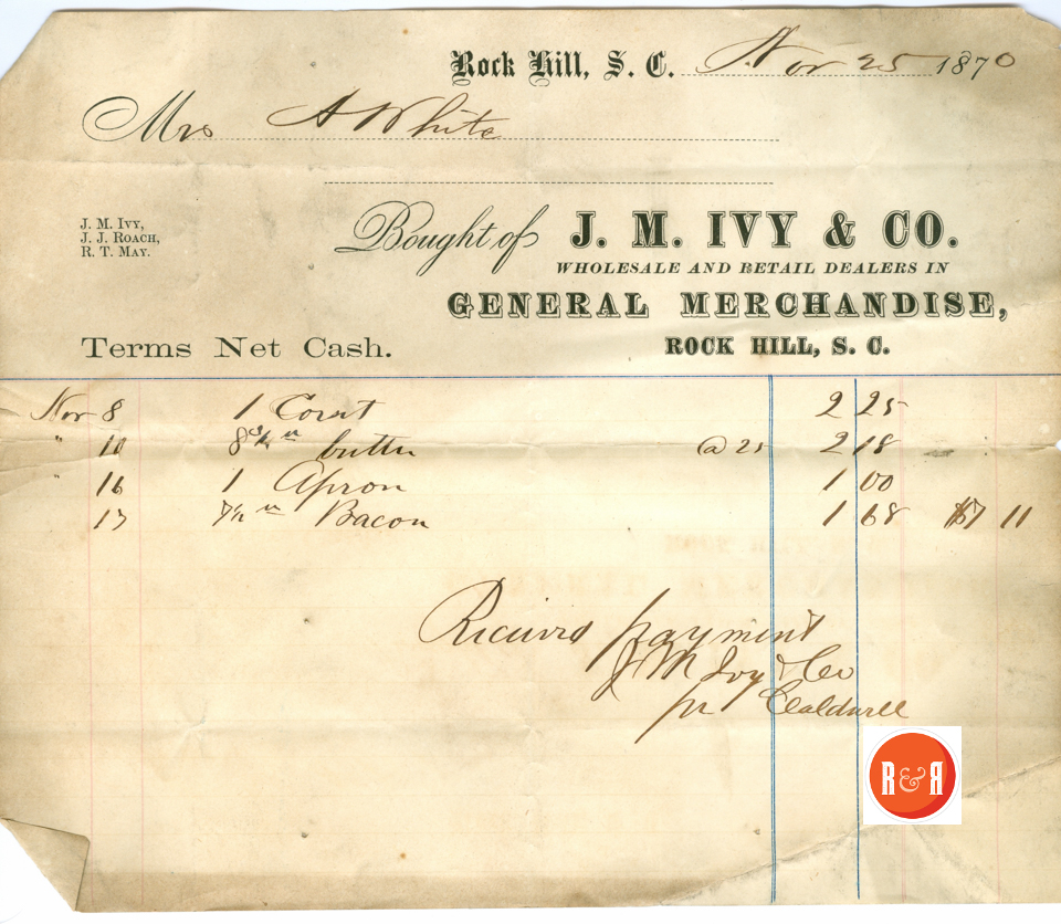 BILL TO ANN H. WHITE FROM J. M. IVY AND CO., - 1870 - Courtesy of the White Collection/HRH 2008