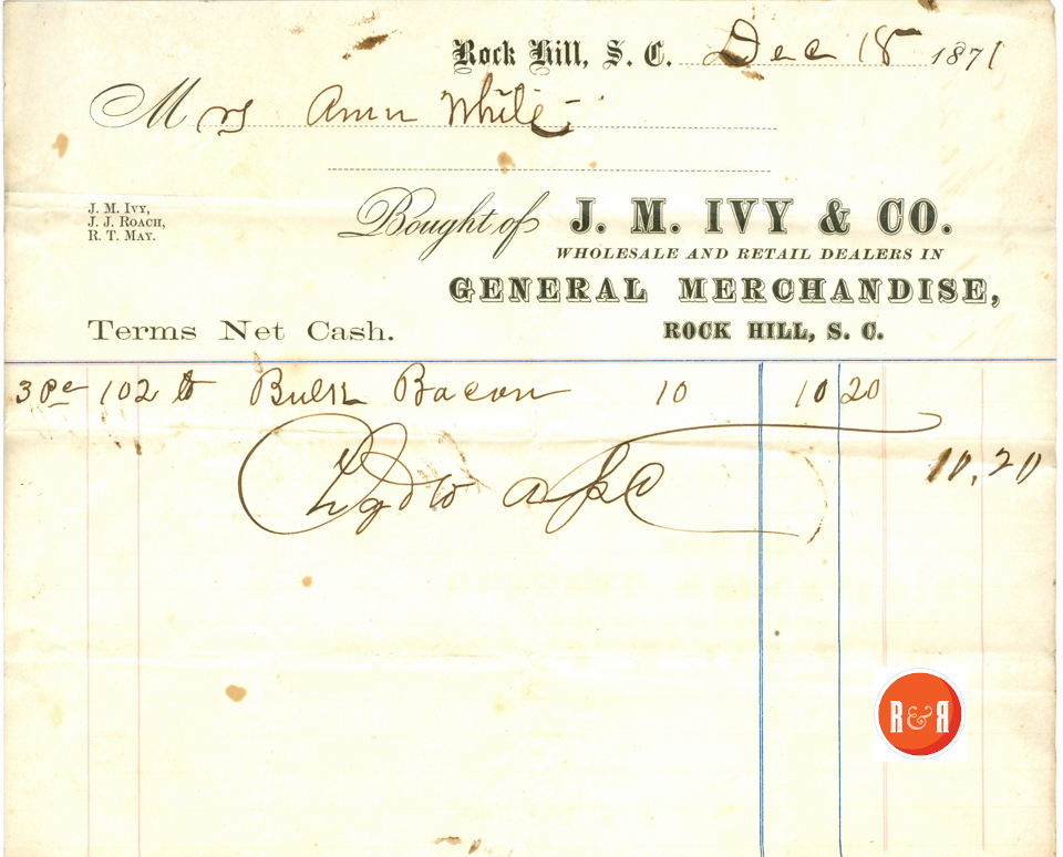 BILL TO ANN H. WHITE FROM J. M. IVY AND CO., - 1871 - Courtesy of the White Collection/HRH 2008