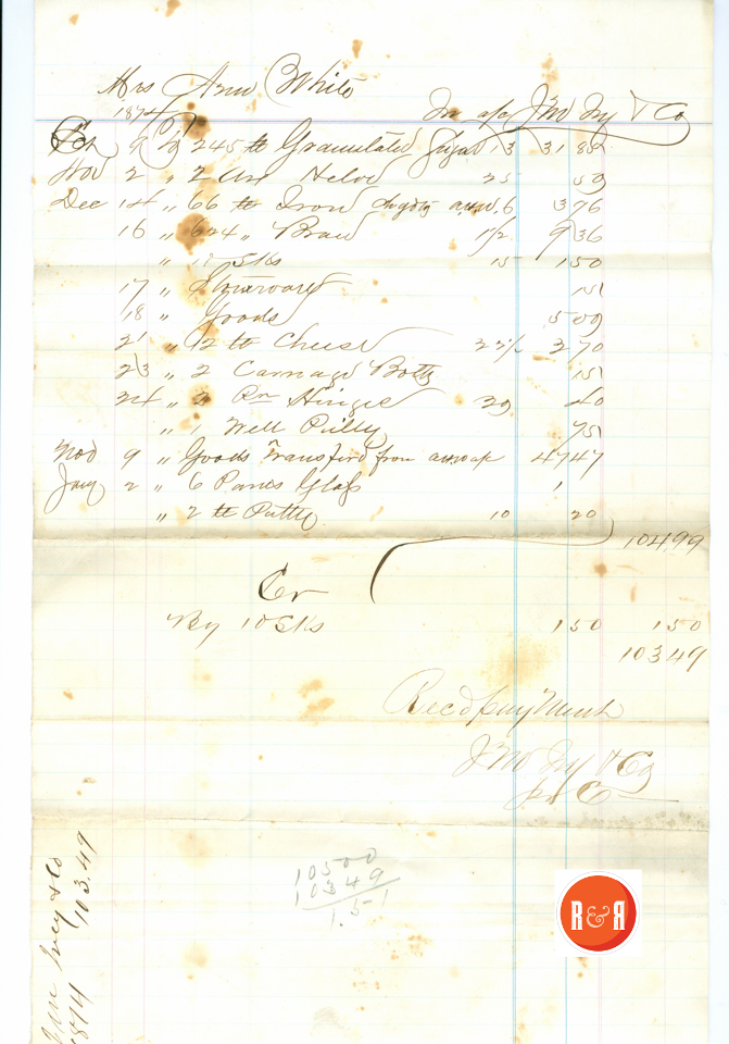 BILL TO ANN H. WHITE FROM J. M. IVY AND CO., - 1874 - Courtesy of the White Collection/HRH 2008