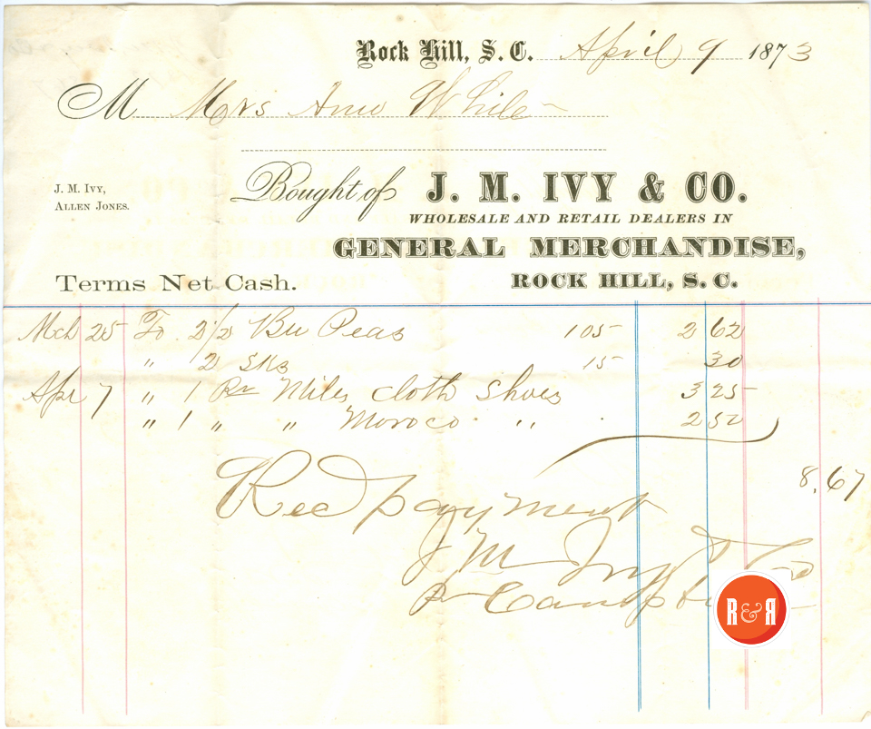 BILL TO ANN H. WHITE FROM J. M. IVY AND CO., - 1873 - Courtesy of the White Collection/HRH 2008