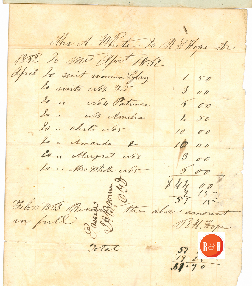 ANN H. WHITE PAYS FOR MEDICAL CARE FOR FAMILY - SLAVES - Courtesy of the White Family Collection – 2008