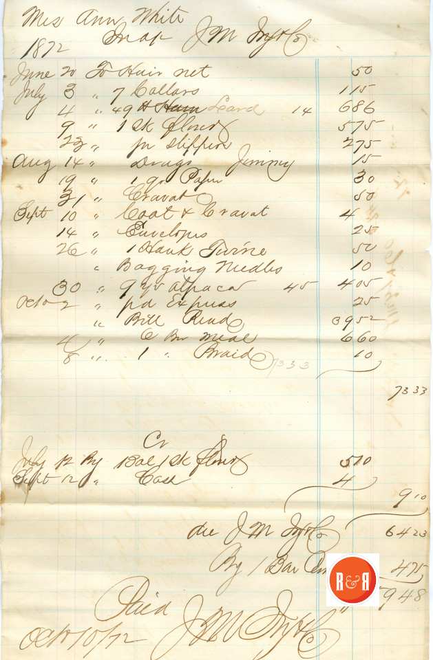 BILL TO ANN H. WHITE FROM J. M. IVY AND CO., - 1872 - Courtesy of the White Collection/HRH 2008