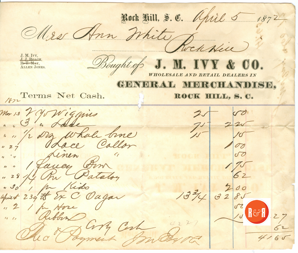 Note in 1872, the company no longer includes J.J. Roach or R.T. May. Courtesy of the White Family Collection - 2008