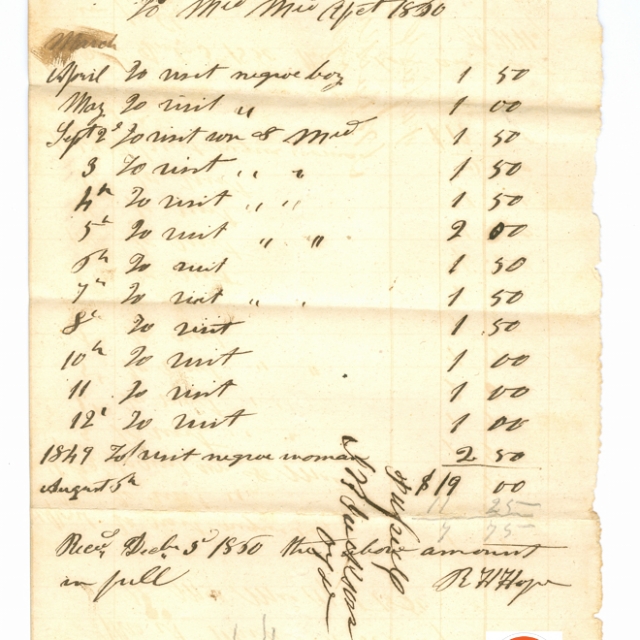 Receipt for services rendered by Dr. Hope in 1860. Courtesy of the White Family Collection – 2008