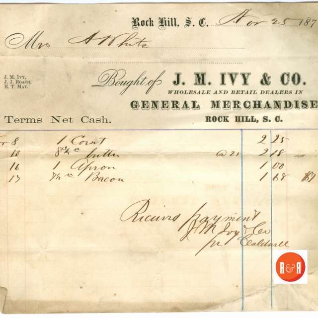 Receipt from the J.M. Ivy Co., 1870 – Courtesy of the White Family Collection, 2008
