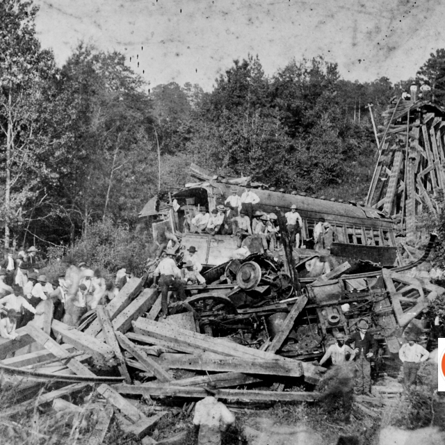 Image of the Fishing Creek trestle wreck. Courtesy of the Pettus Collection – 2014