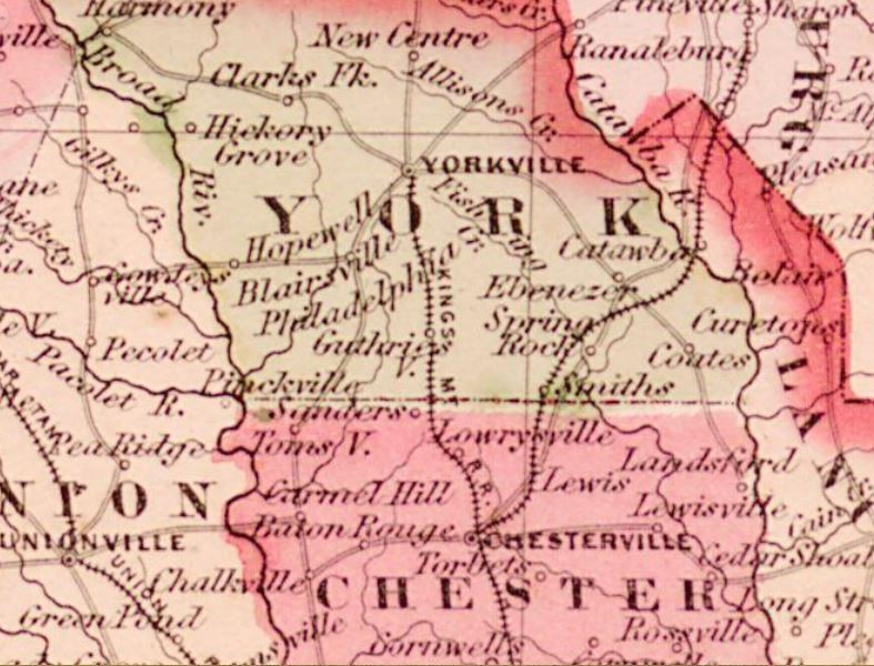 Johnson's NC and SC Map of 1865: Shows the route of the Charlotte and Augusta Railroad through Smith's Turnout.