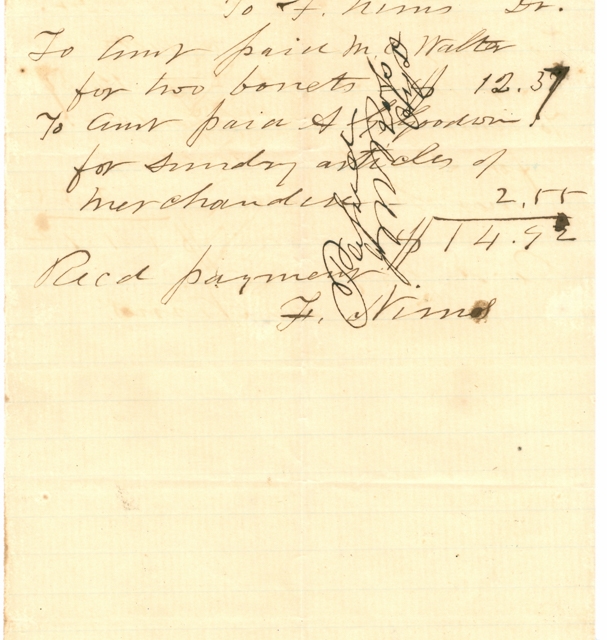 Receipt for goods via F. Nims in Rock Hill, S.C. dated May 15, 1857 – Courtesy of the White Family Collection