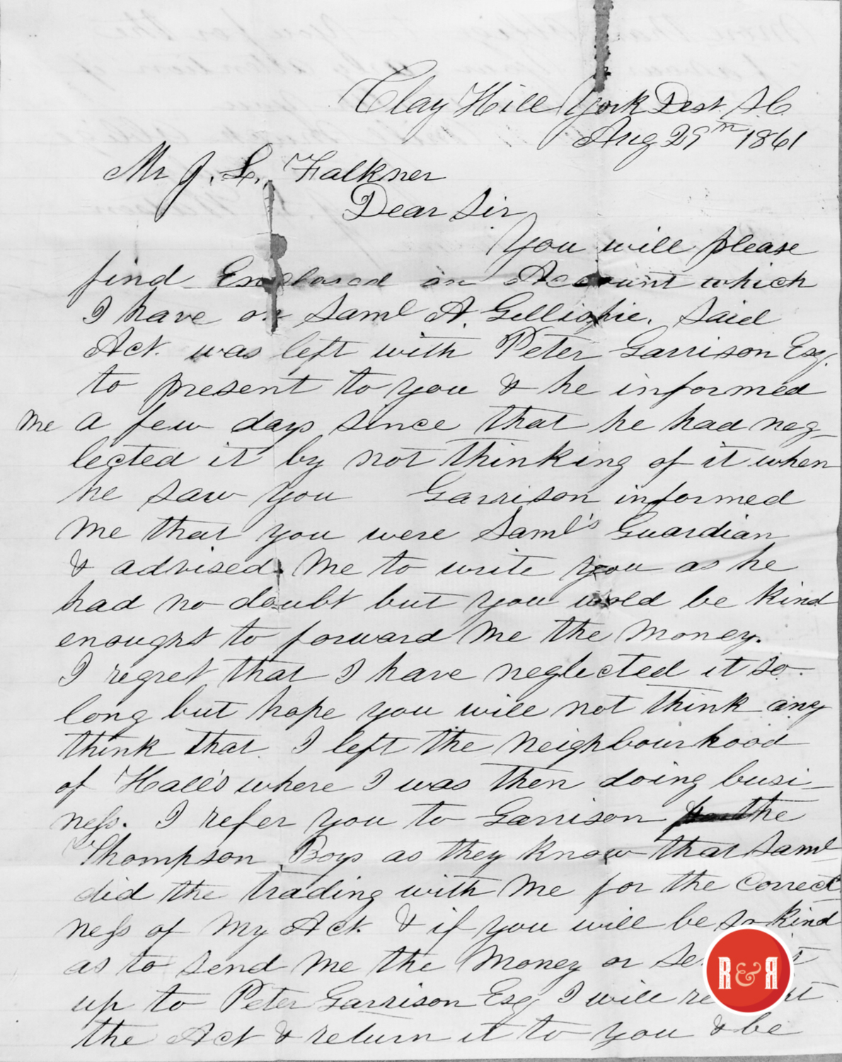 LETTER MARKED CLAY HILL, S.C. 1861 - FAULKNER COLLECTION