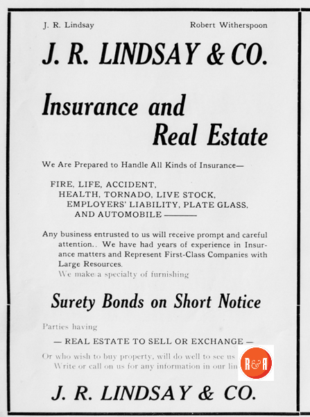 Note that Robert Witherspoon is listed as being associated with the Lindsay Insurance Company in York, S.C. Image ca. 1912 - Courtesy of the YC Historical Society