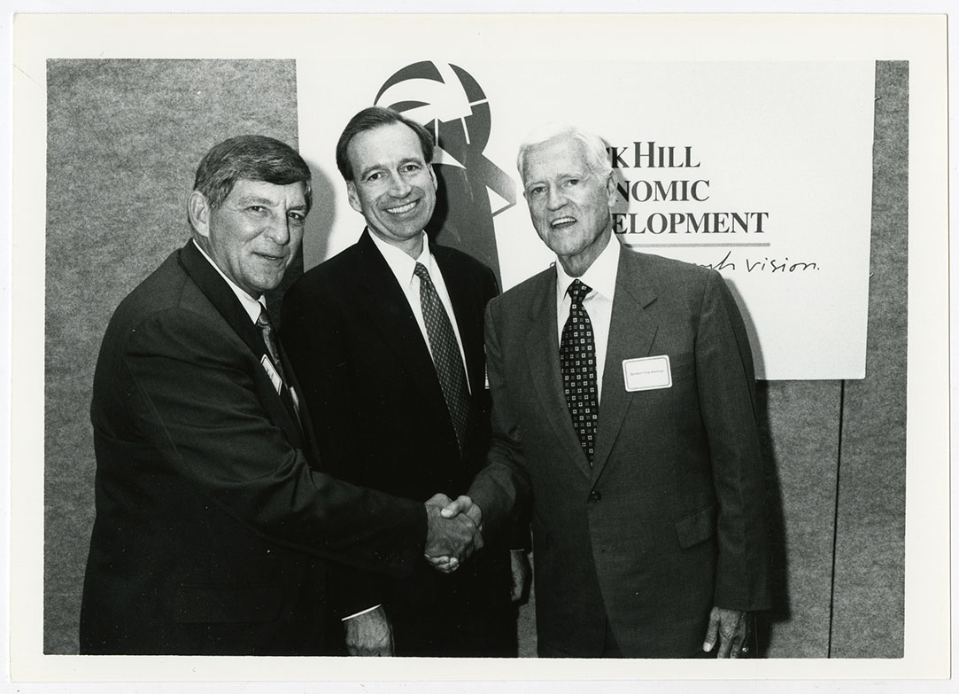 Senator Fritz Hollings (Fr right), congratulates Jim Hardin (Mid.), and  Dennis Merrill, former president at York Tech(Left) ca. 1970 