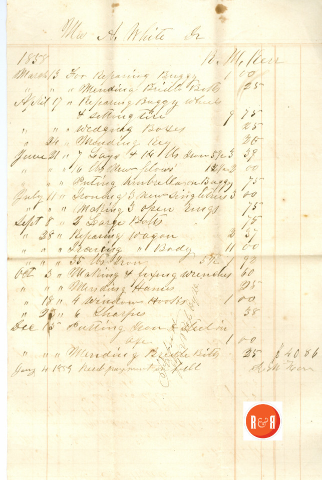 R.M. Kerr receipt for repairs to buggy and more - 1858 - Courtesy of White Collection/HRH 2008