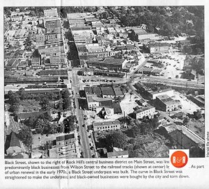 The area most affected by ca. 1970, urban renewal of Rock Hill's downtown. Courtesy of the Herald Newspaper.