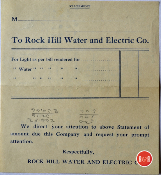 Early invoice from the Water and Electric Co., of Rock Hill.  Courtesy of the Mendenhall Collection - 2013