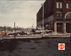 View of the razing of both East Main and all of North Trade Streets.