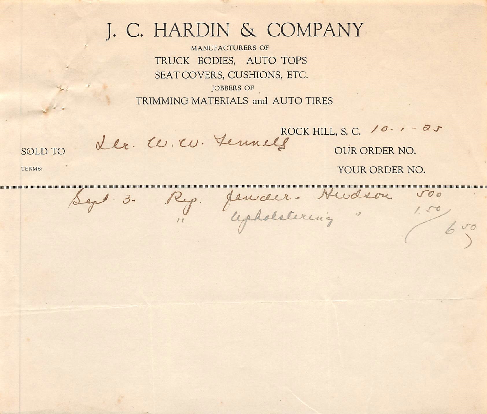 Dr. W.W. Fennell's Bill For Repairs - 1925