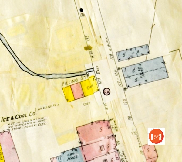 Note on this Sanborn Map, the Filling Station in yellow was the former station serving the community until Mr. Mill’s and the Marshalls opened his new station. Sanborn Insurance Map of this location ca. 1926-1959