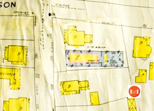 The drug store was shown in blue “rock” construction in this 1926-1959 Sanborn Insurance Map.