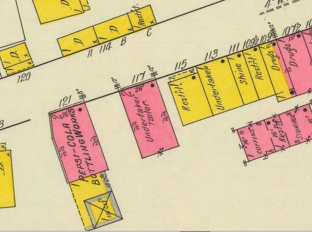1916 – Sanborn Map diagram of the area. Note the location of the Pespi – Cola Bottling Co., owned by the Cauthen family.
