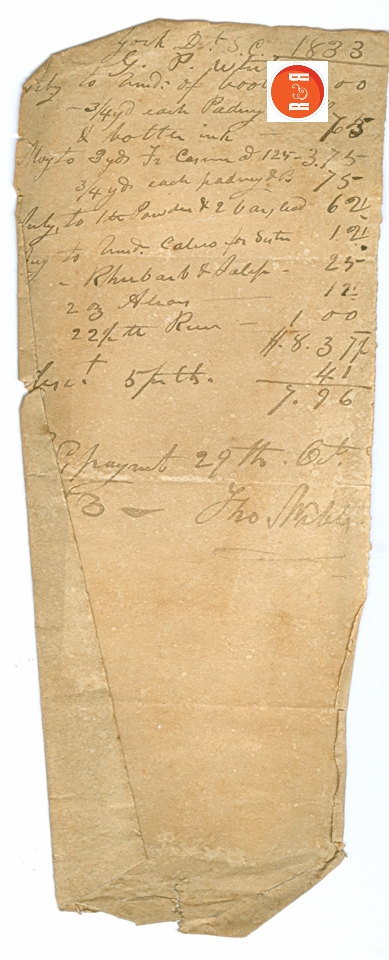One of York County' early families who lived near George Pendleton White, was that of the Webb family. It appears from this receipt dated 1833, they were running a store in Fort Mill and later the grist mill on the river. Courtesy of the White Family Collection - 2008