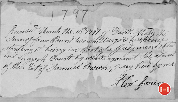 Note from 1797 asking the courts to honor IOU against Samuel Brown.  Whose estate owes David Neely funds loaned said Brown.  Alex. Faires serves as witness...  Hutchison Group 2021