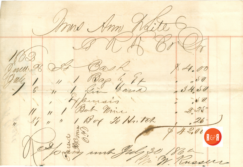 Ann H. White purchases items/slave rental from M.W. Russell, 1862 - Courtesy of the White Collection/HRH 2008