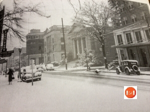 The location across from the Andrew Jackson Hotel as seen in a 1940s snow storm.