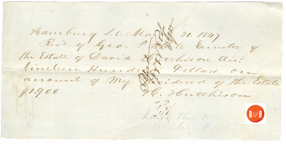 HIRAM HUTCHISON RECEIVES PAYMENT FROM ESTATE OF DAVID HUTCHISON - $1,900.