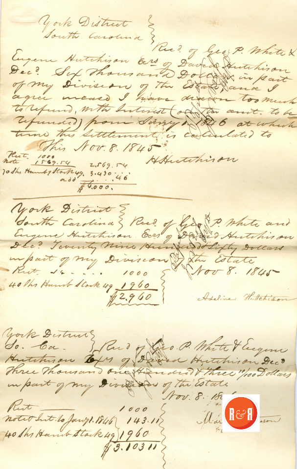 SETTLEMENT OF DAVID HUTCHISON'S ESTATE in 1846 -  - Courtesy of the White Collection/HRH 2008, p. 1