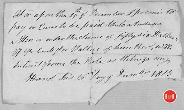 IOU from Andrews Allen, dated Dec. 16, 1813. Hutchison Group 2021