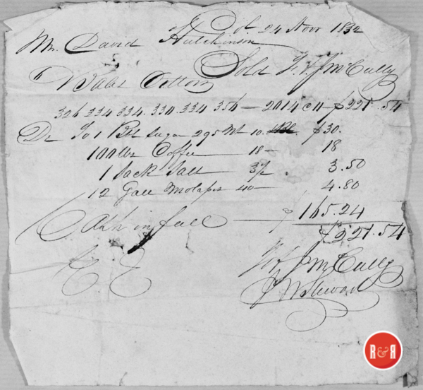 Sold cotton to (J.M. McCully) of Columbia, S.C. on Nov. 24, 1832 - Hutchison Group 2021