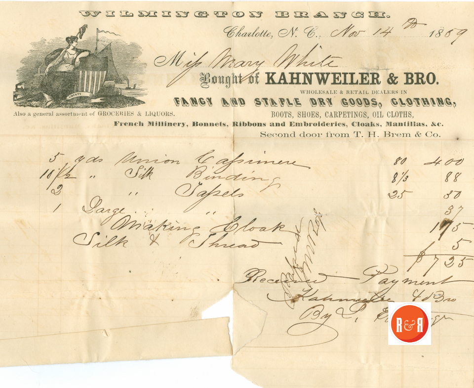 The Kahnweiller Co., Charlotte and Wilmington, NC - 1859